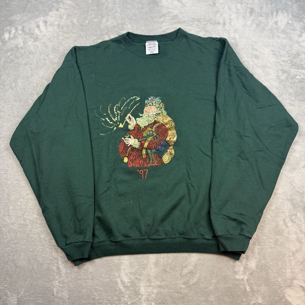Vintage 1997 Christmas Santa Claus Sweatshirt Mens XXL Green Made in USA